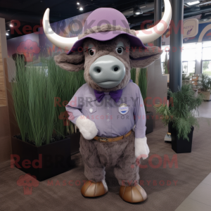 Lavender Buffalo mascot costume character dressed with a Button-Up Shirt and Hat pins