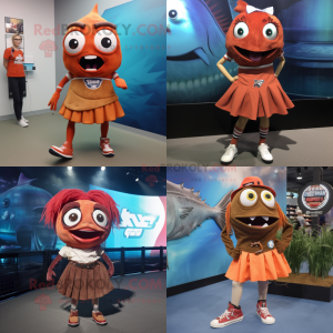 Rust Tuna mascot costume character dressed with a Mini Skirt and Shoe laces