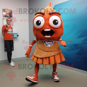 Rust Tuna mascot costume character dressed with a Mini Skirt and Shoe laces