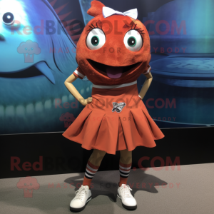 Rust Tuna mascot costume character dressed with a Mini Skirt and Shoe laces