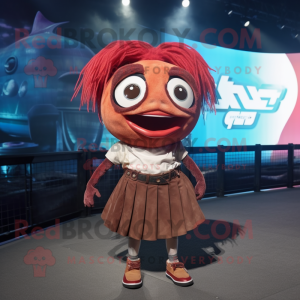 Rust Tuna mascot costume character dressed with a Mini Skirt and Shoe laces
