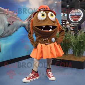 Rust Tuna mascot costume character dressed with a Mini Skirt and Shoe laces