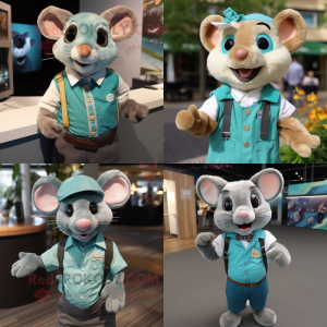 Teal Dormouse mascot costume character dressed with a Button-Up Shirt and Suspenders