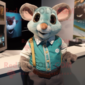 Teal Dormouse mascot costume character dressed with a Button-Up Shirt and Suspenders