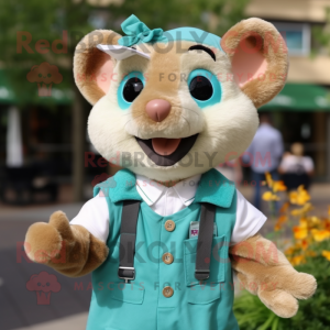 Teal Dormouse mascot costume character dressed with a Button-Up Shirt and Suspenders