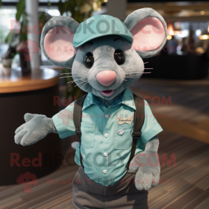 Teal Dormouse mascot costume character dressed with a Button-Up Shirt and Suspenders
