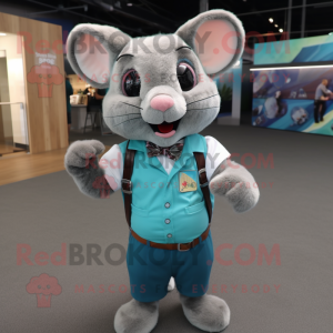 Teal Dormouse mascot costume character dressed with a Button-Up Shirt and Suspenders