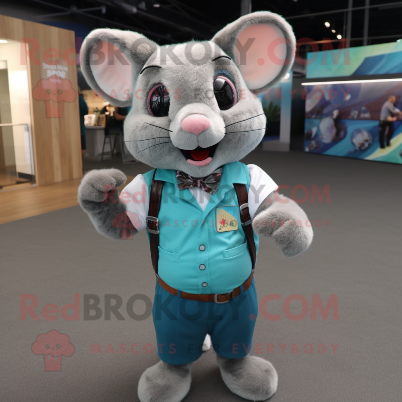 Teal Dormouse mascot costume character dressed with a Button-Up Shirt and Suspenders Teal Dormouse mascot costume character dressed with a Button-Up Shirt and Suspenders