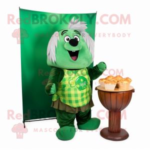 Green Shepard'S Pie mascot costume character dressed with a Graphic Tee and Earrings