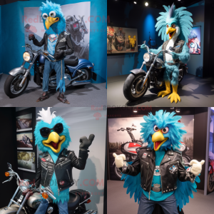 Cyan Roosters mascot costume character dressed with a Biker Jacket and Necklaces