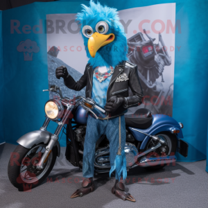 Cyan Roosters mascot costume character dressed with a Biker Jacket and Necklaces