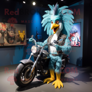 Cyan Roosters mascot costume character dressed with a Biker Jacket and Necklaces