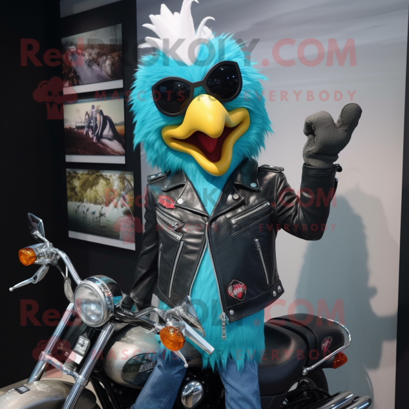 Cyan Roosters mascot costume character dressed with a Biker Jacket and Necklaces