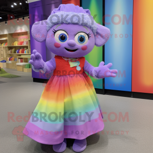 Lavender Rainbow mascot costume character dressed with a Wrap Skirt and Mittens