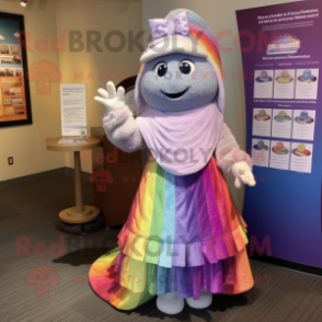 Lavender Rainbow mascot costume character dressed with a Wrap Skirt and Mittens