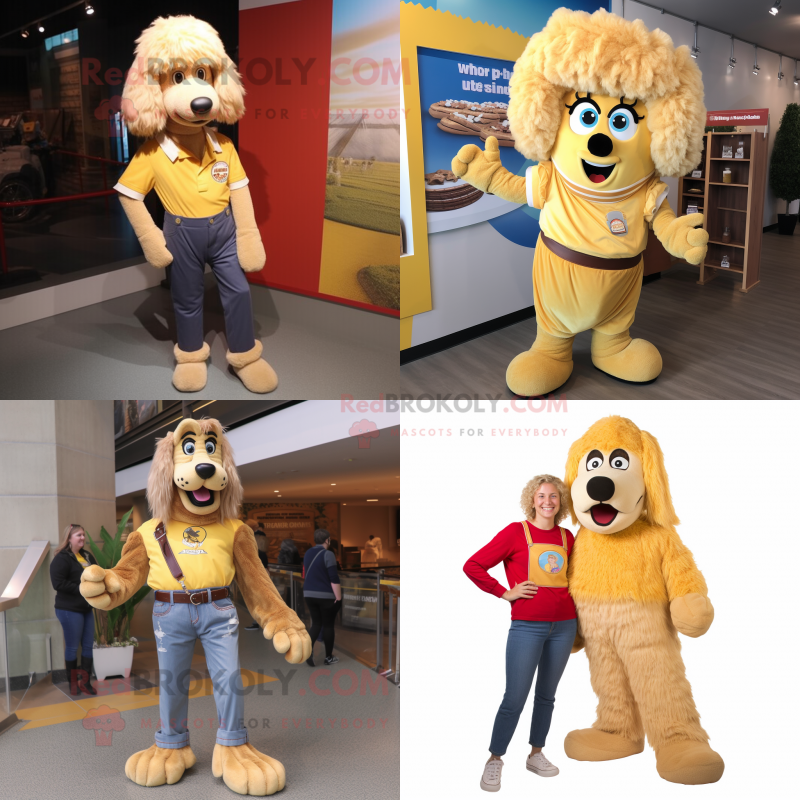 Gold Shepard'S Pie mascot costume character dressed with a Mom Jeans and Shoe laces Gold Shepard'S Pie mascot costume character dressed with a Mom Jeans and Shoe laces