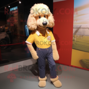 Gold Shepard'S Pie mascot costume character dressed with a Mom Jeans and Shoe laces