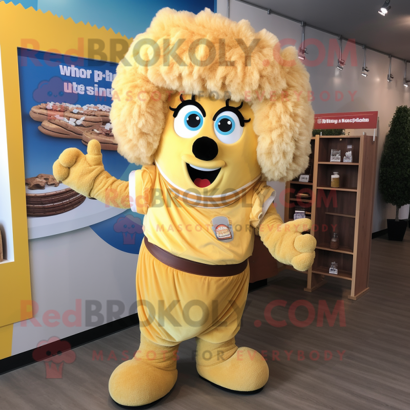 Gold Shepard'S Pie mascot costume character dressed with a Mom Jeans and Shoe laces Gold Shepard'S Pie mascot costume character dressed with a Mom Jeans and Shoe laces