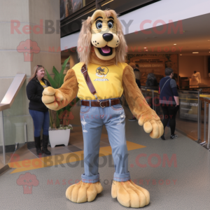 Gold Shepard'S Pie mascot costume character dressed with a Mom Jeans and Shoe laces