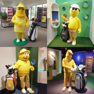 Yellow Golf Bag mascot costume character dressed with a Cardigan and Brooches