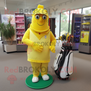 Yellow Golf Bag mascot costume character dressed with a Cardigan and Brooches