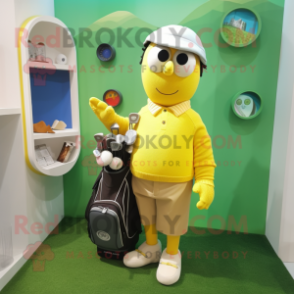 Yellow Golf Bag mascot costume character dressed with a Cardigan and Brooches