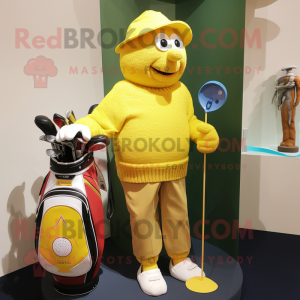 Yellow Golf Bag mascot costume character dressed with a Cardigan and Brooches