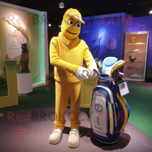 Yellow Golf Bag mascot costume character dressed with a Cardigan and Brooches