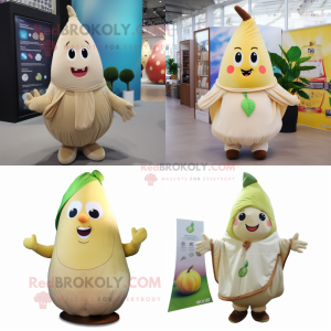 Beige Pear mascot costume character dressed with a Playsuit and Shawls