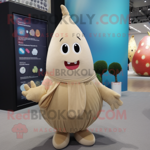 Beige Pear mascot costume character dressed with a Playsuit and Shawls