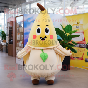 Beige Pear mascot costume character dressed with a Playsuit and Shawls