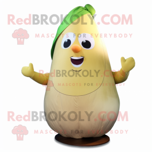 Beige Pear mascot costume character dressed with a Playsuit and Shawls
