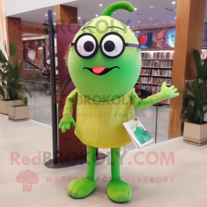 Olive Mango mascot costume character dressed with a Jeggings and Reading glasses