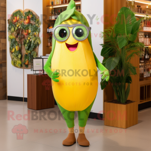 Olive Mango mascot costume character dressed with a Jeggings and Reading glasses