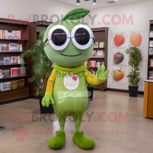 Olive Mango mascot costume character dressed with a Jeggings and Reading glasses