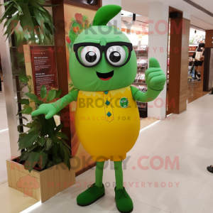 Olive Mango mascot costume character dressed with a Jeggings and Reading glasses
