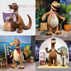 Brown Diplodocus mascot costume character dressed with a Bikini and Pocket squares