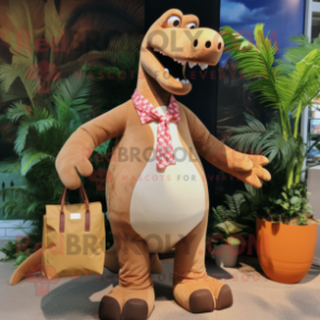 Brown Diplodocus mascot costume character dressed with a Bikini and Pocket squares