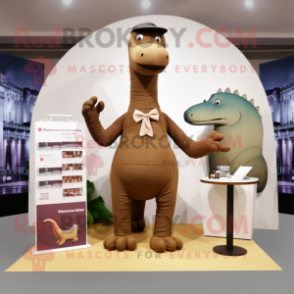 Brown Diplodocus mascot costume character dressed with a Bikini and Pocket squares