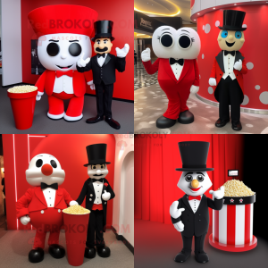 Red Pop Corn mascot costume character dressed with a Tuxedo and Watches