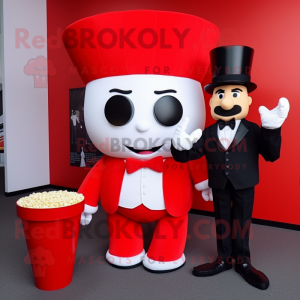Red Pop Corn mascot costume character dressed with a Tuxedo and Watches