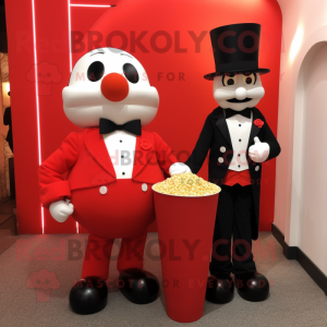 Red Pop Corn mascot costume character dressed with a Tuxedo and Watches