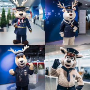 Navy Reindeer mascot costume character dressed with a Waistcoat and Berets