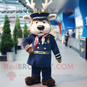 Navy Reindeer mascot costume character dressed with a Waistcoat and Berets