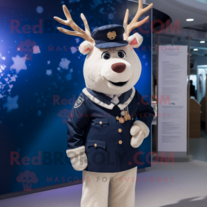 Navy Reindeer mascot costume character dressed with a Waistcoat and Berets