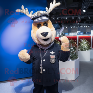 Navy Reindeer mascot costume character dressed with a Waistcoat and Berets