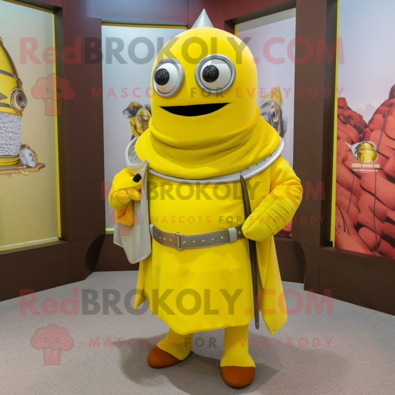 Lemon Yellow Medieval Knight mascot costume character dressed with a Turtleneck and Eyeglasses Lemon Yellow Medieval Knight mascot costume character dressed with a Turtleneck and Eyeglasses