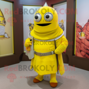 Lemon Yellow Medieval Knight mascot costume character dressed with a Turtleneck and Eyeglasses