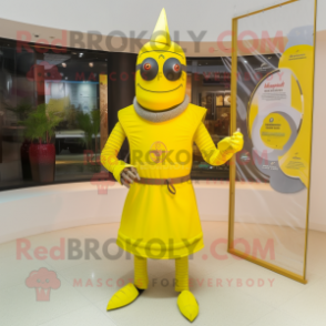 Lemon Yellow Medieval Knight mascot costume character dressed with a Turtleneck and Eyeglasses