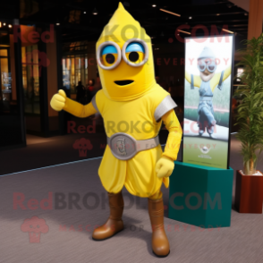 Lemon Yellow Medieval Knight mascot costume character dressed with a Turtleneck and Eyeglasses